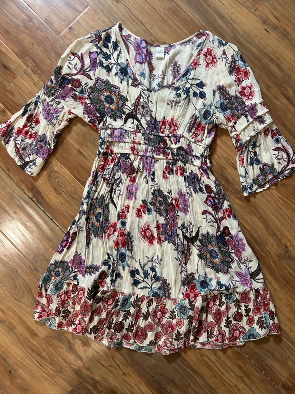 Bila Boho Floral Peasant Dress | Hippie Cottagecore Statement Sleeve Midi Sz M